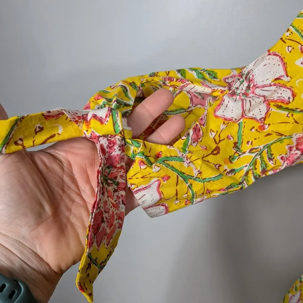 Floral Midi Shirt Dress S Yellow Pink Cotton India Sleeves Summer Church Empire